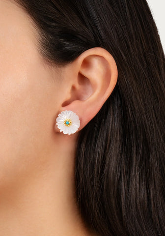 Milos Carved Stone Flower Stud Earrings, Pearl
