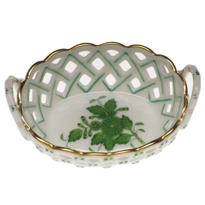 Chinese Bouquet Green Small Openwork Basket with Handle