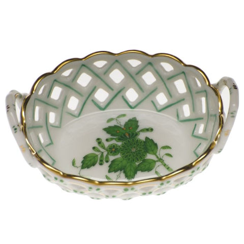 Chinese Bouquet Green Small Openwork Basket with Handle
