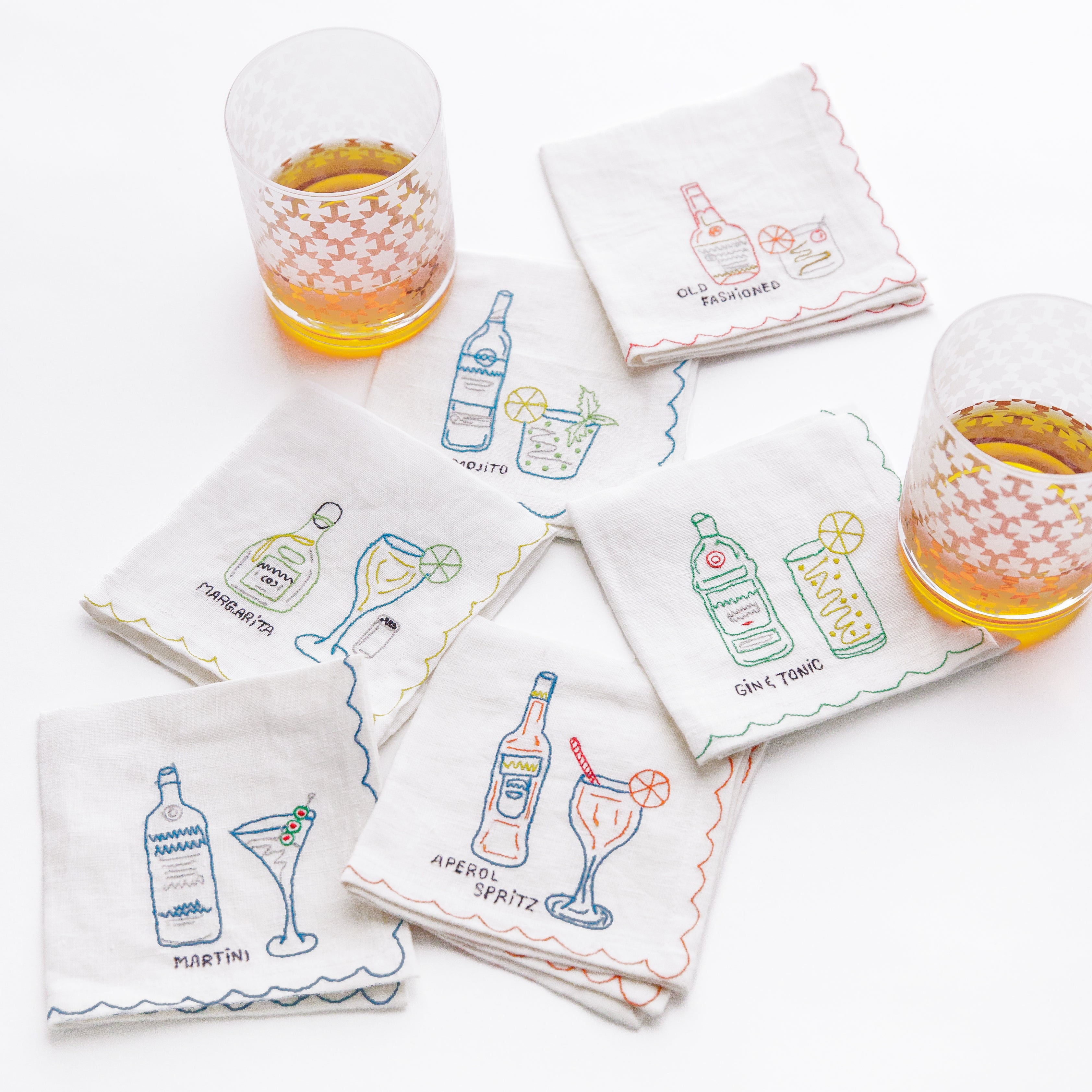 Embroidered Cocktail Mixed Cocktail Napkin Set of 6