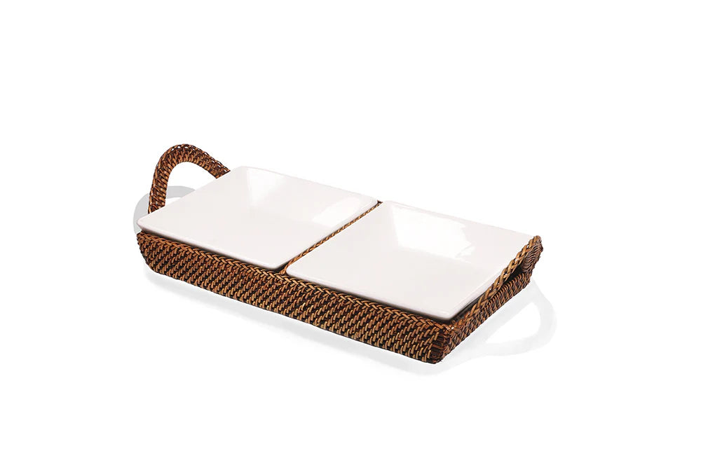 Handwoven Crudité Tray – Classic Size, with 2 Porcelain Dishes