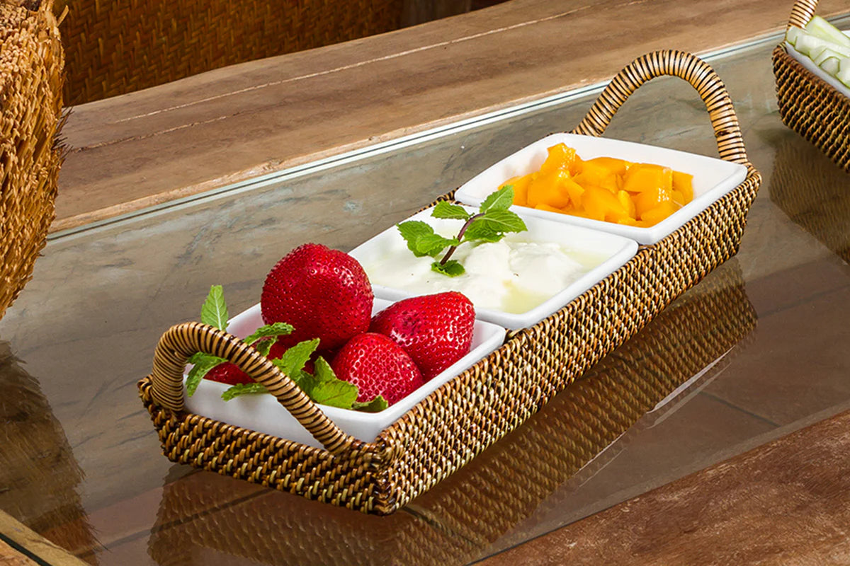 Handwoven Crudité Tray – Compact Size, with 3 Porcelain Dishes