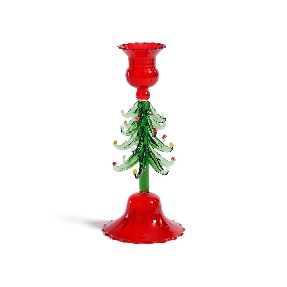 Holiday Tree Taper Candle Holder, Red & Green, Pair