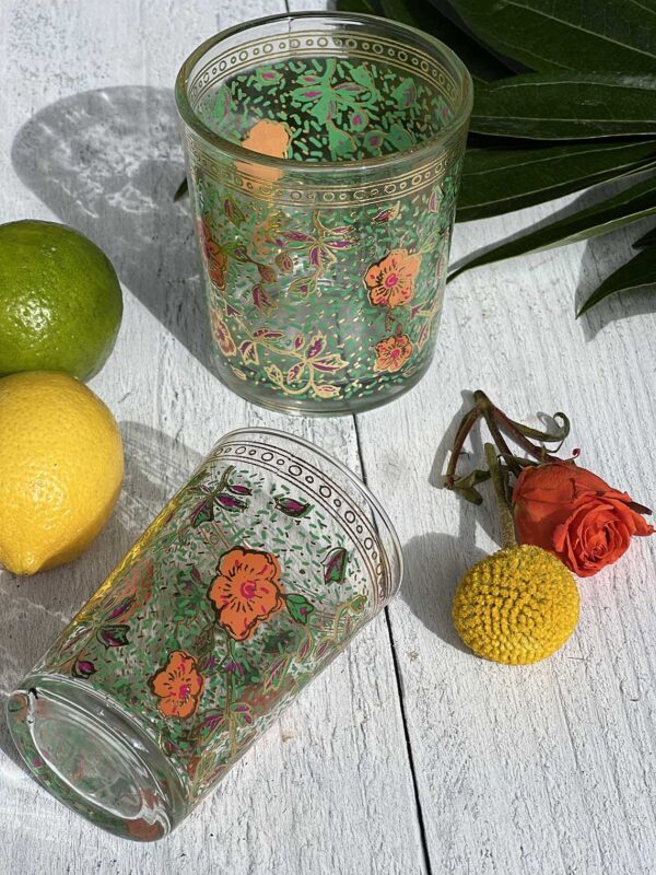 Set of 6 Moroccan Tea Glasses Hand Painted Garden