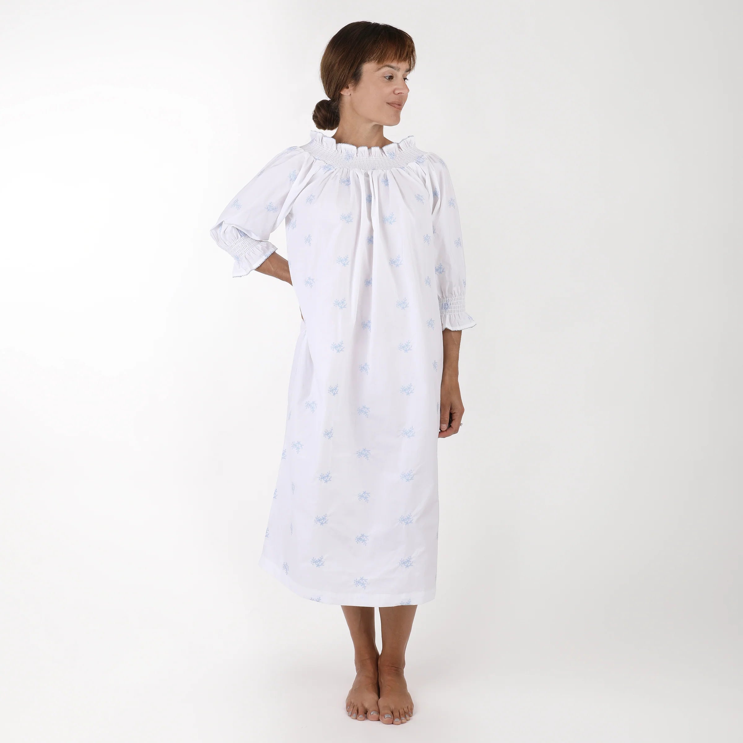 Nancy Cotton Embroidered Long Sleeve Nightgown-Blue
