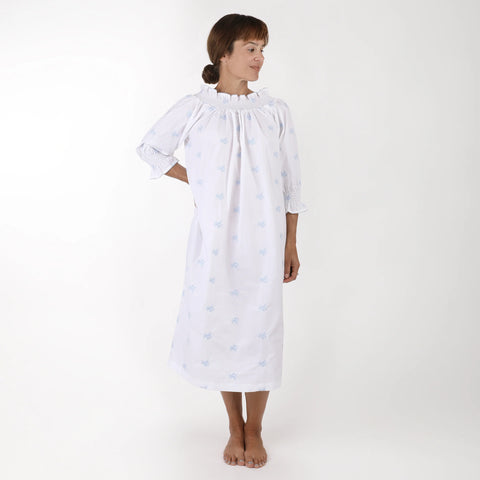 Nancy Cotton Embroidered Long Sleeve Nightgown-Blue