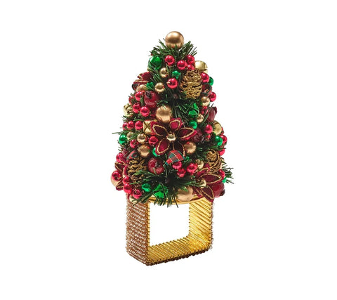 Tinsel Tree Napkin Ring in Red, Green & Gold, Set of 4