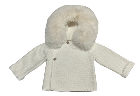 Knit Jacket with Removable Faux Fur- 100% Cotton in Cream