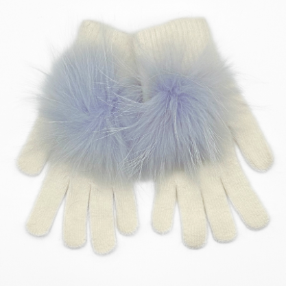 Pom Pom Angora Gloves - White/Blue Mist