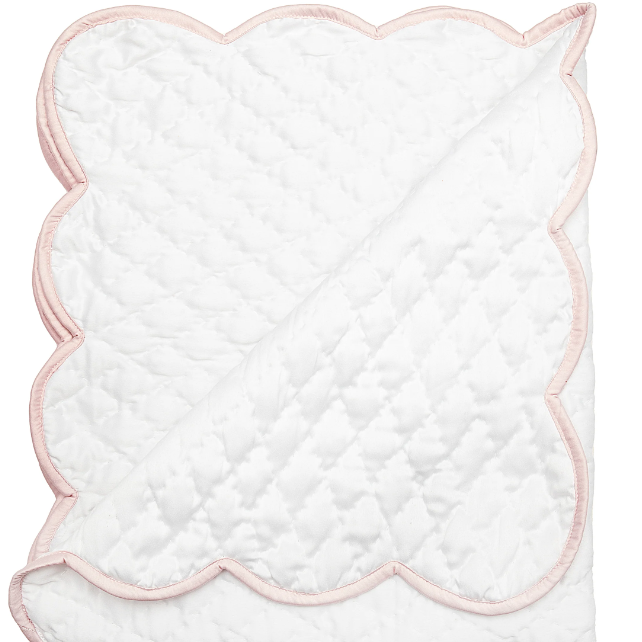 Baby Hand Quilted Satin Blanket-White with Pink Trim