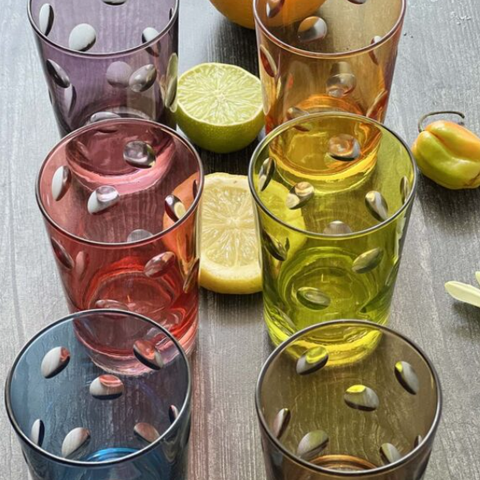 Set of 6 Tea Glasses Colored Carved Bubbles