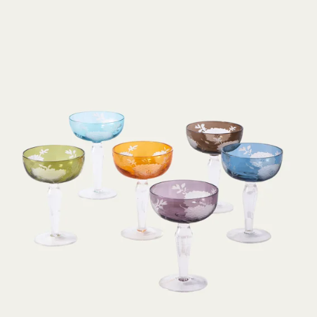 Multicolor Peony Coupe Glasses, Set of 6