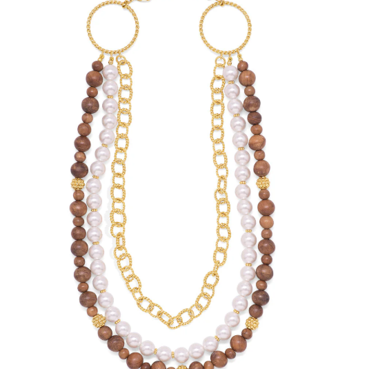 Earth Goddess Necklace, 18"+2" - Teak/Pearls