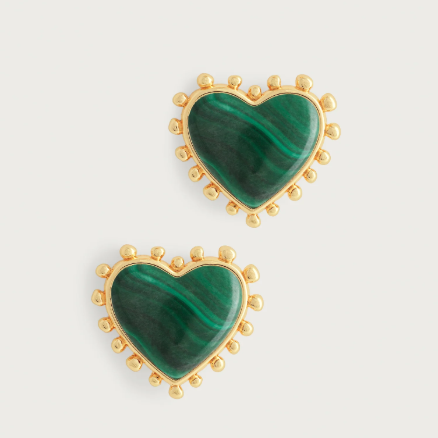 Heart With Stone Stud Earrings-Malachite
