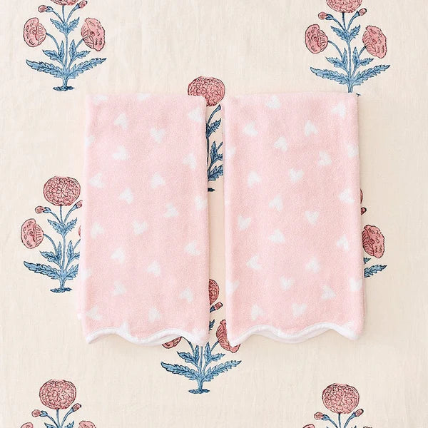 Patterned Scallop Hand Towels (pair)-Tossed Pink Hearts
