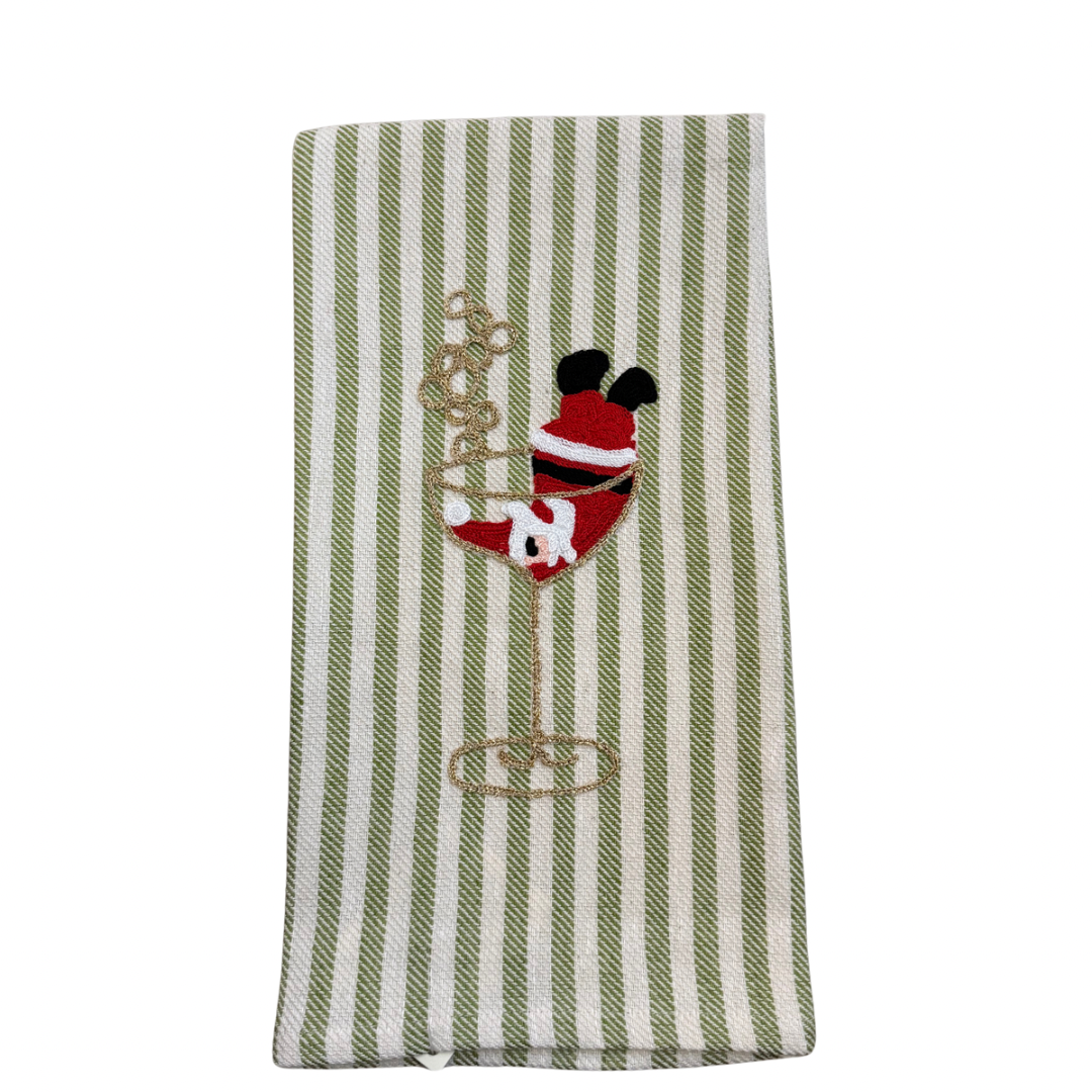 Embroidered Kitchen Towel, Santa Champagne- Green Stripe
