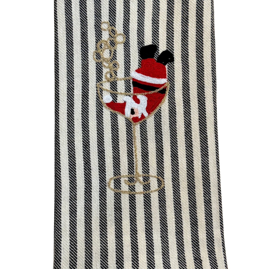 Embroidered Kitchen Towel, Santa Champagne-Black Stripe