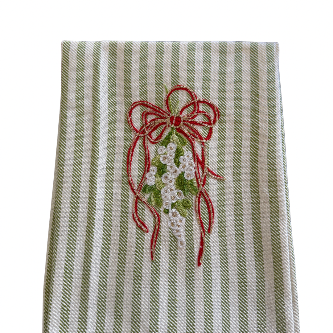 Embroidered Kitchen Towel, Green Mistletoe