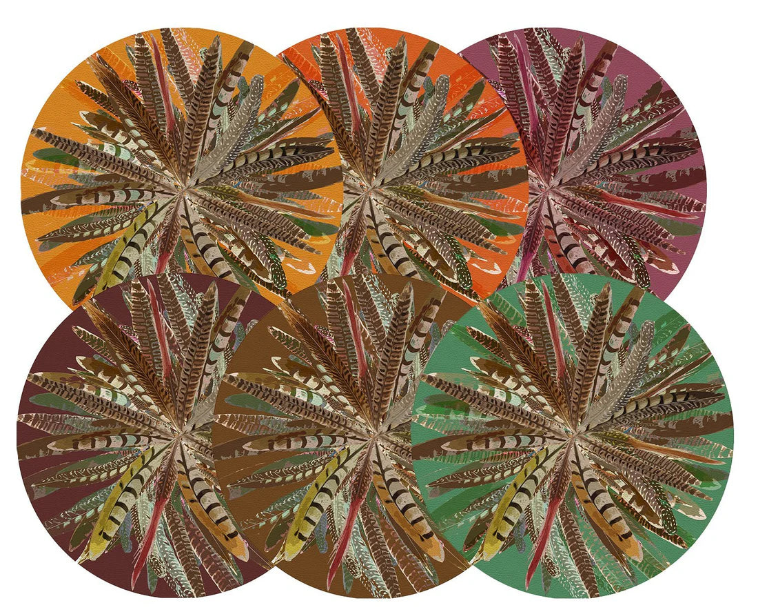 Pheasant Feathers Vegan Leather Round Pebble Placemat, Set of 6