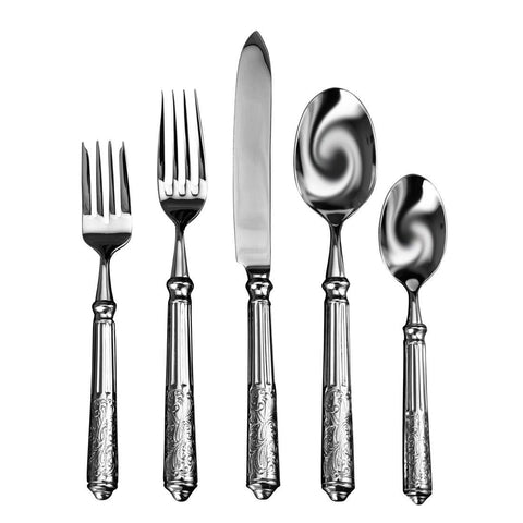 Famous Ricci quality and beauty. 18/10 stainless steel flatware. The five piece place setting of this incredible pattern includes one each of the dinner fork, salad fork, place spoon, teaspoon and dinner knife.. The cylindrical hollow handles and unique pattern design combine to create a very stylish and dynamic table setting. The Amalfi pattern will be used with pride for years to come.