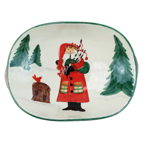 Old St. Nick Handled Shallow Oval Bowl - Santa with Bagpipes